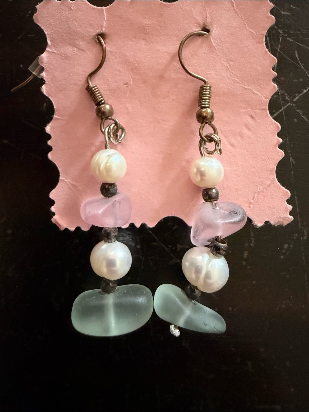 Handcrafted Freshwater Pearl & Sea Glass Drop Earrings – Pink and Aqua